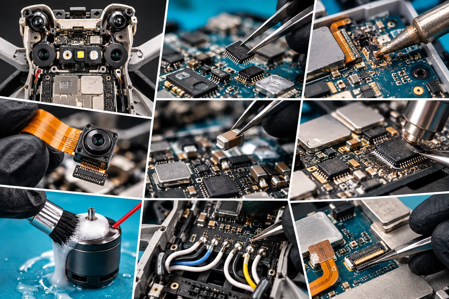 Collage ilustrativo de reparación electrónica: soldadura de integrados, reemplazo de condensadores, flex de cámara y limpieza de un motor
